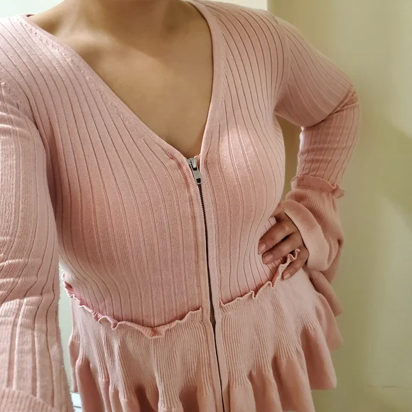 Boston Proper XS Pink Ribbed Knit Ruffled Peplum Zipper Front Cardigan - Picture 4 of 9